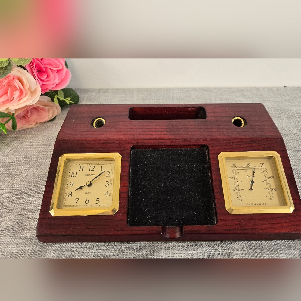 Vintage Wood Bulova Desk Clock with Weather Station, 1990s‎